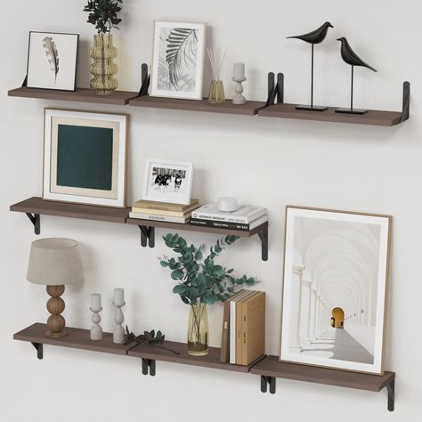 PRICES MAY VARY. 【Versatile Floating Shelves】- Unleash your inner designer! With our uniquely designed metal triangular brackets, the possibilities are endless. These brackets can be installed on the top or bottom of the shelf, offering flexibility in arrangement. With their clean and tidy appearance, they bring a touch of natural beauty to any space. 【Multi-Purpose Shelves】- Our floating wall shelves are the perfect addition to any room in your home. Whether it's the kitchen, living room, bedro Scattered Floating Shelves, What To Put On Shelves In A Bedroom, Hanging Shelves Ideas, Wall Shelving Ideas, Hanging Wall Storage, Diy Wooden Shelves, Shelf For Wall, Storage For Bathroom, Wall Shelves Living Room