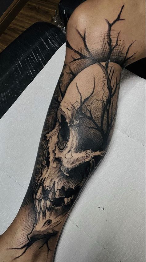 Dark Leg Tattoos Men, Creepy Calf Tattoo, Men’s Leg Sleeves, Men’s Leg Calf Tattoo, Skull Leg Tattoo, Calf Sleeves Tattoo, Lower Leg Tattoos For Men, Calf Sleeve Tattoo, Calf Tattoo Men