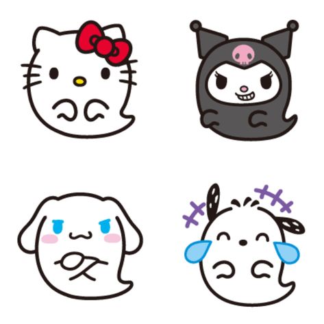 Sanrio Halloween Ghost Face Kuromi, Sanrio Symbols, Halloween Hello Kitty Icons, Halloween Doodles Cute, Ghost Hello Kitty, Sanrio Pumpkin Painting, Halloween Sanrio Nails, Halloween Sanrio Icons, Sanrio Halloween Icon