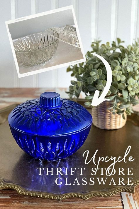 How to upcycle thrift store glass to make unique and stylish home decor. A quick and easy thrift store makeover. Glass Paint Ideas, Goodwill Upcycle, Pressed Glassware, Thrift Store Crafts Upcycling, Thrift Store Diy Projects, Aesthetic Craft, Diy Candles Easy, Glass Aesthetic, Glassware Crafts