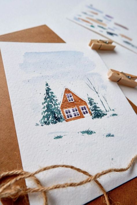 Wooden house in snowy winter painted in watercolor #watercolor #winter #snowy #illustration #postcard # christmas Watercolor Christmas Cards Diy, Illustration Postcard, Watercolor Postcard, Watercolor Winter, Winter Watercolor, Christmas Card Art, Watercolor Journal, Holiday Painting, Watercolor Christmas Cards