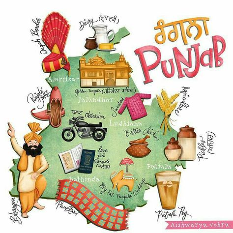 Poo 👑 Punjabi Sabhyachar Poster, Punjabi Project File, Punjabi Culture Drawing, Vriddhi Patwa, Indian Illustration Culture, Punjab Map Logo, Punjab Illustration, Punjabi Culture Art, Culture Of Punjab