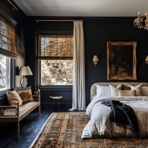 Dark Blue Bedroom Furniture Ideas, Dark Room Bedding Ideas, Dark Feminine Luxury Aesthetic, Moody Bedroom Mood Board, Dark Blue House Interior, Dark Feminine Interior Design, Moody Bedroom Lighting, Black Primary Bedroom, Primary Room Ideas