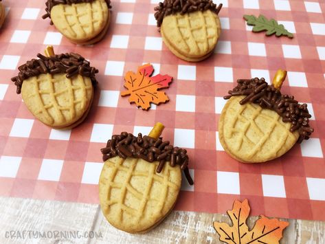 Nutter Butter Acorn Cookies - Crafty Morning Nutter Butter Acorn Cookies, Thanksgiving Cookie Recipes, Easy Thanksgiving Cookies, Nutter Butter Acorns, Cookies For Fall, Cranberry Pistachio Cookies, Thanksgiving Turkey Cookies, Delicious Thanksgiving Desserts, Pumpkin Spice Sugar Cookies