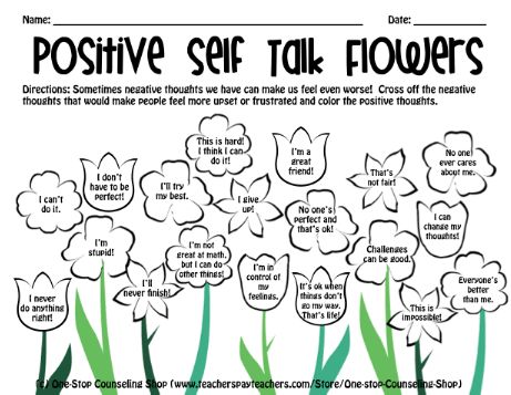 Flower Positive Self Talk. More positive self esteem products for girls at http://www.BeYourOwnYou.com Self Esteem Activities, Social Emotional Activities, Elementary School Counseling, School Social Work, Therapeutic Activities, Counseling Activities, Child Therapy, Counseling Resources, Therapy Worksheets