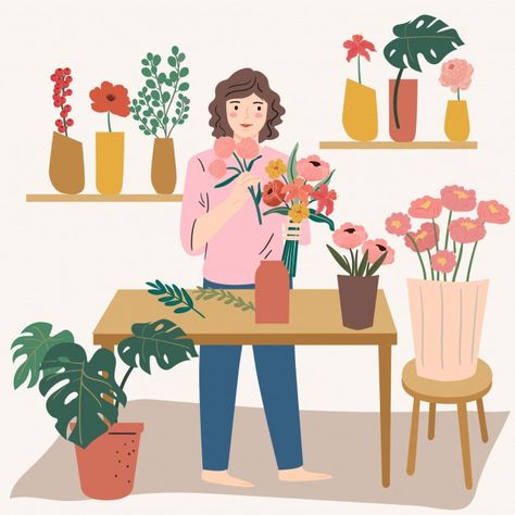 Young woman making flora arrangement. fl... | Premium Vector #Freepik #vector #flower #floral #people #hand Flower Shop Owner, White Lily Flower, Print Design Template, Gouache Illustrations, Mandala Design Pattern, Shop Illustration, Floral Branch, House Illustration, Hand Drawn Flowers