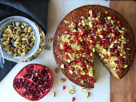 Pistachio Orange and Pomegranate Cake - Baked Ambrosia #ValentinesDay #healthybaking Pistachio Desserts, Orange Flavoured Cake, Pomegranate Pistachio, Pomegranate Cake, Toll House Chocolate Chip, Molten Lava Cakes, Pastry Flour, Organic Sugar, Cake Tasting