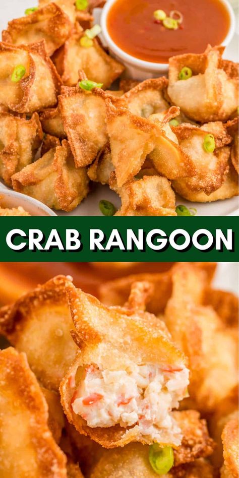 A tasty and fun appetizer full of flavor, this Crab Rangoon is a classic. With the creamy filling and crunchy outside, you will not be able to get enough. Phillipean Recipes, Crab Rangoon Egg Rolls Recipe, Recipe For Crab Rangoon, Crab Ragoons Eggrolls, Authentic Crab Rangoon Recipe, Crab Rangoon Rice Paper, Chinese Food Dinner Party, How To Make Crab Rangoon, Crab And Shrimp Egg Rolls Recipes