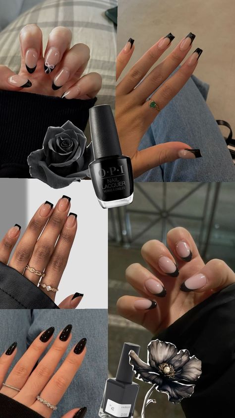 black nails October nails halloween nails black French nail design inspo Black French Nail, October Nails Halloween, Halloween Nails Black, Nails Black French, Nails October, Black French Nails, October Nails, French Nail Designs, French Nail