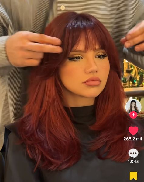 Burgundy Red Hair With Bangs, Red Money Pieces On Black Hair, Red Hair And Fringe, Red Hair With Butterfly Cut, Fringe Bangs Red Hair, Very Dark Copper Hair, Red Hair With Money Piece Bangs, Red Brown Hair With Bangs, Dark Red Hair Makeup