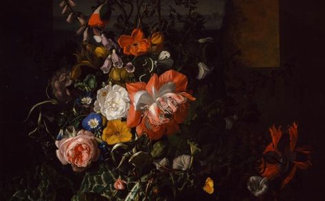 Rachel Ruysch, Roses, Convolvulus, Poppies and Other Flowers in an Urn on a Stone Ledge, ca. 1680s (National Museum of Women in the Arts) Rachel Ruysch, Dutch Still Life, Flower Urn, Still Life Artists, Dutch Golden Age, Dutch Painters, Oil Painting Reproductions, Handmade Oil, Still Life Painting