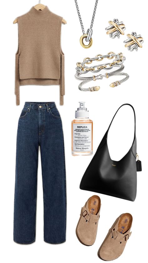 casual fall outfit, cozy sweater shirt, dark wash jeans, david yurman jewelry, david yurman mixed metal jewelry, black boho leather bag, coach purse, Birkenstocks clogs outfit, beige Birkenstocks, maison margiela perfume #autumn #falloutfit #cozyoutfit #ootd #falloutfit Birkenstocks Clogs, Margiela Perfume, Maison Margiela Perfume, Outfit Beige, Boho Leather Bags, Clogs Outfit, Casual Fall Outfit, Black Boho, Mixed Metal Jewelry