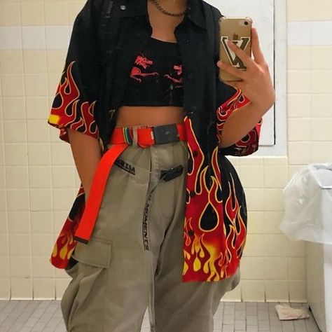 Flame Print Outfit, Flame Outfit Aesthetic, Street Racer Aesthetic Outfit, Street Racer Aesthetic Girl, Racer Aesthetic Outfits, Street Racer Outfit, Racer Girl Outfit, Flame Clothes, Red And Black Outfits Baddie