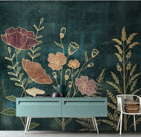 Wall Mural Botanical, Boho Graffiti Art, Boho Wall Murals Painted Floral, Vine Mural Wall, Colorful Wall Mural Interiors, Gothic Wall Mural, Hand Painted Floral Wall Mural, Floral Wall Design, Greenery Mural