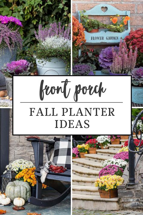 Front Porch Fall Planter Ideas Fall Flowers Porch, Fall Outdoor Planter Ideas, Fall Planters Front Porches, Autumn Outdoor Decor, Fall Planter Ideas, Cute Front Porch, Mums And Pumpkins, Mums In Pumpkins, Front Porch Planters