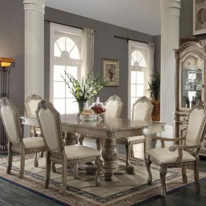 Acme Furniture Chateau de Ville Double Pedestal Dining Table | Hayneedle Formal Dining Room Sets, White Pedestal, Double Pedestal Dining Table, Luxury Dining Tables, White Buffet, Traditional Dining, Formal Dining Tables, Acme Furniture, Pedestal Dining Table