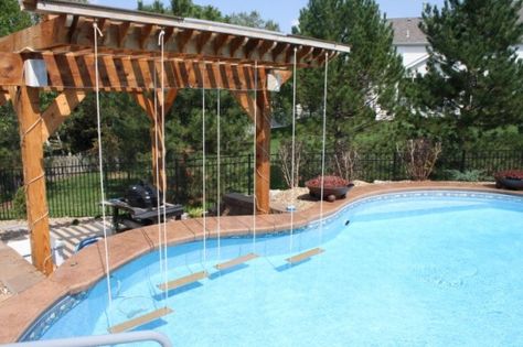 Check out these hanging swing swim up bar seats (Only Alpha Pool Products) Patio Ideas With Pool, Pool Bar Ideas, Pool Dekor, Backyard Patio Ideas, Pool Life, Swim Up Bar, Casa Patio, Dream Pools, Pool Decor