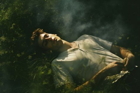 A man laying comfortably in the grass photography outdoors forest. AI generated Image by rawpixel. | free image by rawpixel.com / Boom Laying In Grass Reference, Man Laying On Floor, Laying In Forest, Man Laying Down, Person In Forest, Adult Aesthetic, Grass Man, Grass Photography, Dad Bodies