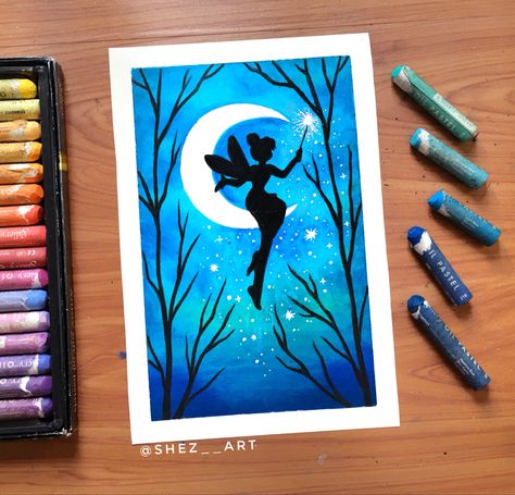 Arts With Oil Pastels, Tinkerbell Canvas Painting, Best Oil Pastel Drawings, Oil Pastel Drawings Easy For Kids, Simple Oil Pastel Drawings For Beginners, Oil Pastel Art Step By Step, Shilloute Art, Tinkerbell Painting, Easy Oil Pastel Art For Beginners