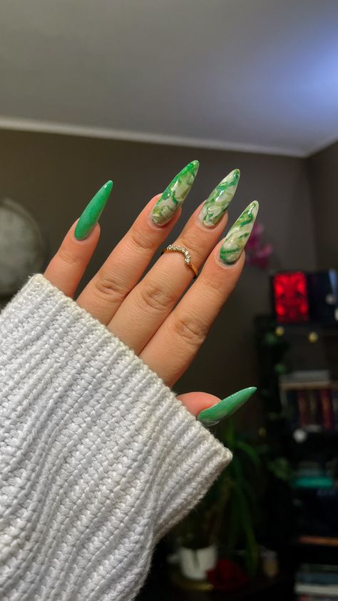 Almond shaped long green sage forest marble nails acrylic gel extensions Green Nails Ideas Acrylic, Long Almond Nails Green, Almond Shape Green Nails, Forest Nails Acrylic, March Almond Nails Ideas, Green Almond Shaped Nails, Green Marble Nail Designs, Green Almond Nails Designs, Green Nails Almond