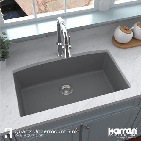 Its sweeping curved rear bowl wall gives this enormous single bowl design a stylish flair. Its quartz composite material gives it outstanding durability and will provide years of trouble-free use. This undermount design is available in a selection of 6 rich color choices to compliment any decor. Karran Sinks are a great addition to any home improvement project. Karran Quartz Undermount 32-in x 19.5-in Grey Single Bowl Kitchen Sink in Gray | QU-712-GR-PK1 Vincennes Indiana, Topmount Sink, Quartz Sink, Composite Kitchen Sinks, Composite Sinks, Solid Surface Countertops, Undermount Sinks, Quartz Kitchen, Bowl Kitchen Sink