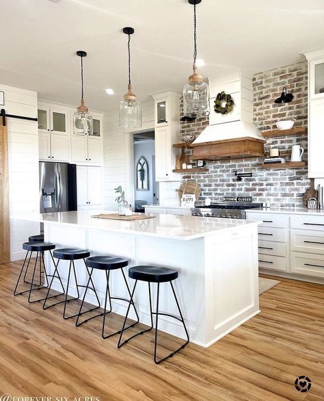 Farmhouse Bar Stools, Monday Coffee, Kitchen Post, White Kitchen Island, Brick Backsplash, Modern Kitchen Design Open Concept, Kitchen Design Open, Kitchen Farmhouse, Farmhouse Charm