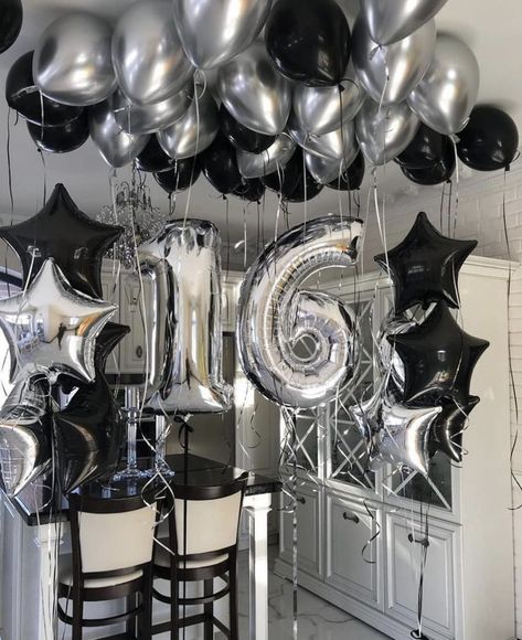 Sweet 16 Black Tie Theme, Silver And Black Sweet 16, 18th Birthday Party Ideas Black And Silver, 16 Birthday Party Ideas Black, Sweet 16 Black And White Theme, Silver And Black Birthday Party, Black Themed Birthday Party Decorations, Silver And Black Birthday Theme, Sweet 16 Party Ideas Black