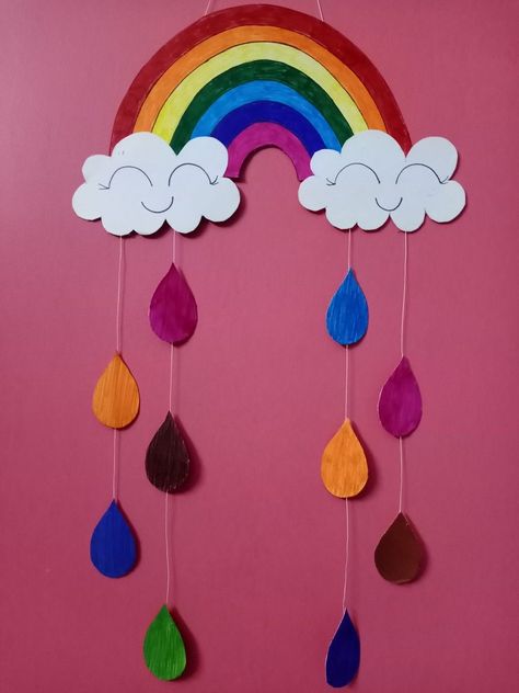 02.04.2020 - Windchime made by old greeting card, coloured by sketchpens, joined by thread..make your own rainbow cloudy and rain windchime. Nursery Class Decoration, Rainbow Crafts Preschool, Nursery Drawings, Brain Gym For Kids, Preschool Letter Crafts, Gym For Kids, Rainbow Umbrella, Rainbow Drawing, Weather Crafts