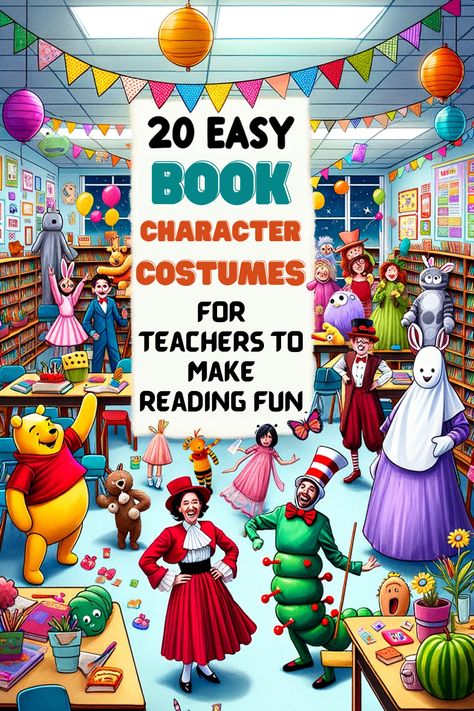 Discover 20 easy DIY book character costumes for teachers on MultiplicationHustle.com! Transform your classroom into a literary haven as you step into the shoes of iconic characters. From Matilda to Nancy Drew, these simple costume ideas are perfect for sparking a love for reading among students. Each costume is a doorway to a whimsical educational journey. Dive into the imaginative world of books with your students and make learning a fun, engaging experience! #TeacherCostumes #Literacy Childrens Books Costumes For Teachers, Literacy Character Costumes, Literary Character Costumes For Teachers, Diy Story Book Character Costumes, Easy Teacher Book Character Costumes, Children Book Costumes For Teachers, Dress Like Your Favorite Book Character For Teachers, Book Character Outfit Ideas, Teacher Book Costumes