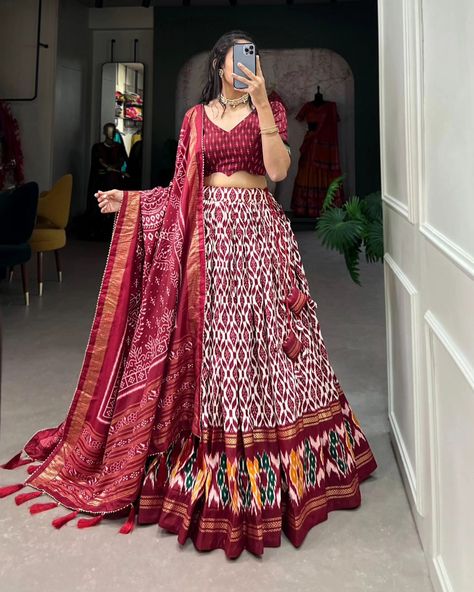 Price : 1500 #apex__outfit Celebrate in style with the opulent beauty of Tussar silk. Our lehenga choli is perfect for making unforgettable memories in classic elegance 🥰 Lehenga(Stitched) : Lehenga Fabric : Tussar Silk Lehenga Work : Ikkat Print With Foil Work Lehenga Waist : SUPPORTED UP TO 42 Lehenga Closer : Drawstring With Heavy Tassels and Zip Stitching : Stitched With Canvas and attached with Can Can Length : 41 Flair : 3.80 Meter Inner : Micro Cotton Blouse(Unstitched) : Blouse fa... Cotton Lehenga Choli, Ikkat Print, Zip Stitching, Cotton Lehenga, Stitched Lehenga, Lehenga Designs Simple, Work Lehenga, Can Can, Silk Lehenga