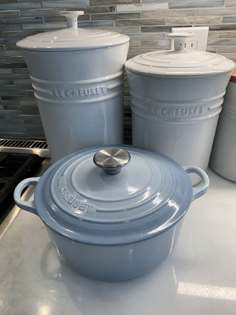 Blue Kitchenware, Light Blue Cookware, Blue Cookware Set, Le Creuset Coastal Blue, Blue Le Creuset, Coastal Granddaughter Kitchen, Blue Kitchen Aesthetic, Blue Home Aesthetic, Le Creuset Aesthetic