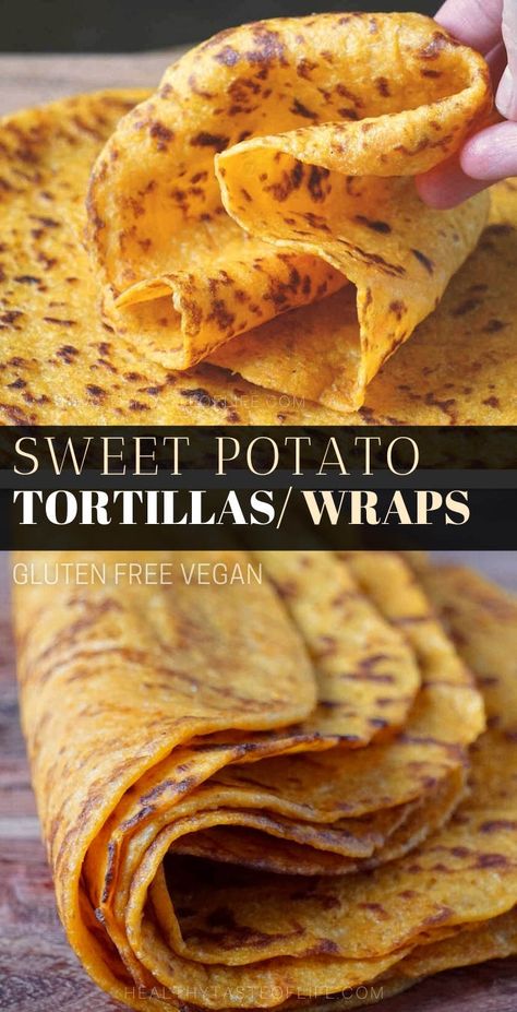 This sweet potato tortillas recipe features cooked mashed sweet potatoes mixed with flour and seasonings to form soft pliable gluten free tortillas that are also vegan friendly. These sweet potato tortillas can be enjoyed as side dish or finger food, you can make burritos, taquitos, quesadillas, tacos, wraps or roll-ups. #sweetpotatotortillas #sweetpotatowraps #glutenfreetortillas #glutenfreewraps #vegantortillas #veganwraps Sweet Potato Tortillas, Healthy Tortillas, Healthy Tortilla, Resep Pizza, Gluten Free Sweet Potato, Gluten Free Wraps, Tortilla Wrap, Cucumber Diet, Gluten Free Tortillas