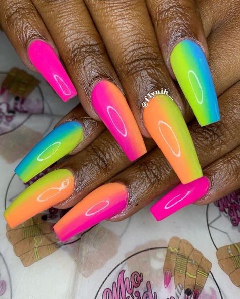 Rainbow Nail Art Designs, Bright Nail Designs, Rainbow Nails Design, Neon Acrylic Nails, Rainbow Nail Art, Neon Nail Designs, Summer Nail Colors, Plain Nails, Pointed Nails