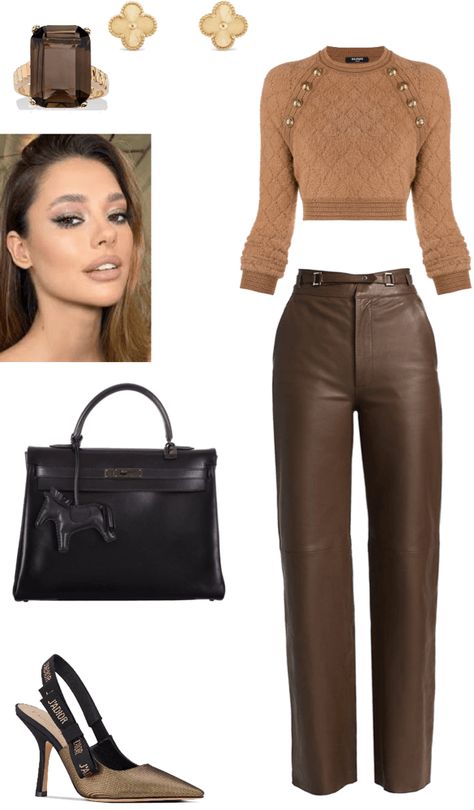 Discover outfit ideas for made with the shoplook outfit maker. How to wear ideas for brown leather pant and Vintage Alhambra earrings - Dark Brown Leather Pants Outfit, Brown Leather Pants Outfit Night, Brown Leather Pant, Dark Brown Leather Pants, Brown Leather Pants Outfit, Vintage Alhambra Earrings, Leather Pants Outfit Night, Alhambra Earrings, Brown Leather Pants