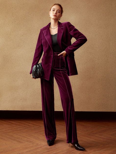 Burgundy Elegant Collar Long Sleeve Knitted Fabric Plain  Embellished Non-Stretch Fall Women Clothing Maroon Suit Women, Women Tuxedo Outfit, Velvet Blazer Outfit, Red Velvet Suit, Velvet Blazer Women, Burgundy Velvet Blazer, Long Suit Jacket, Maroon Suit, Maroon Outfit