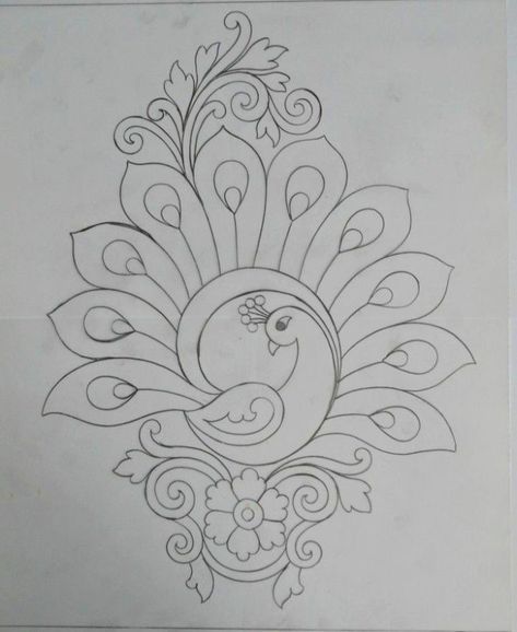 Peacock Embroidery Designs, Flower Pattern Drawing, Pola Bordir, Fabric Paint Designs, Flower Drawing Design, Border Embroidery Designs, Pola Sulam, Hand Work Embroidery, Embroidery Motifs