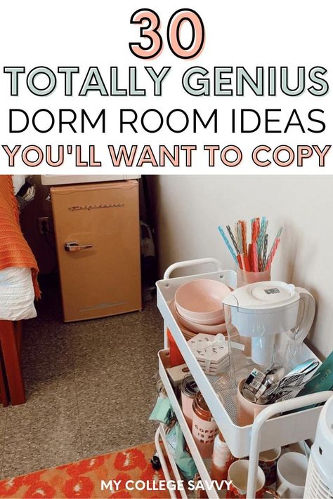 Maximize Dorm Space, Ikea Dorm Room Hacks, College Dorm Room Organization Hacks, College Dorm Rooms Ideas, Dorm Room Closet Organization Ideas, Food Storage Dorm Room, Dollar Tree Dorm Decor, Dorm Hacks Organizations, What To Bring To College Dorm