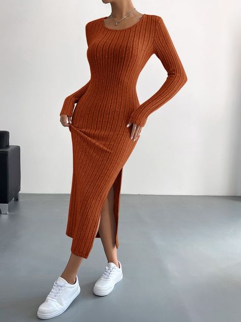 Minimalist Dresses, Ribbed Dress, Ribbed Knit Dress, Body Con Dress, Split Dress, Crewneck Dress, Vestido Casual, Long Sleeve Bodycon, Women Long Dresses