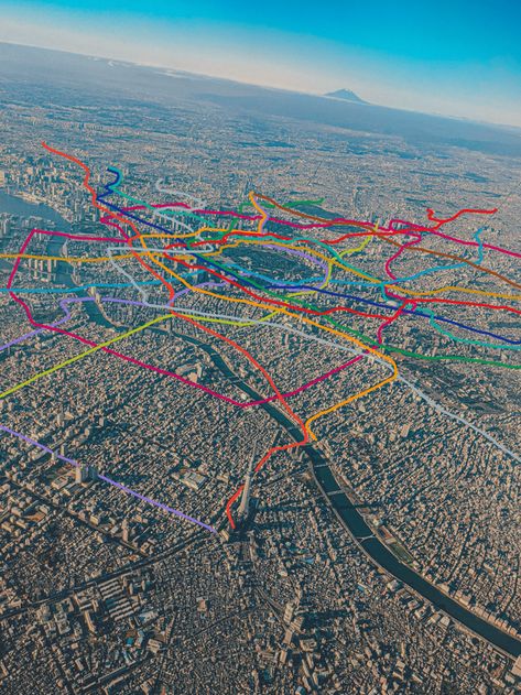 The Tokyo subway network on a bird's-eye view of the city : Tokyo Birds Eye View City, Tokyo Metro, Tokyo Subway, City Abstract, Japanese Scenery, Metro Map, Cities Skylines, Go To Japan, City Skylines