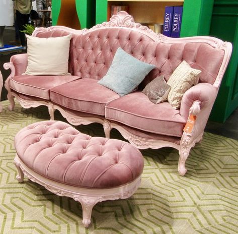 PolArt Pink Modern Victorian Ottoman and Sofa Velvet Pink Couch Living Room Ideas, Sofa Victorian Style, Modern Victorian Sofa, Pink Victorian Couch, Vintage Pink Couch, Victorian Ottoman, Modern Victorian Furniture, Sofa Aesthetic, Victorian Couch