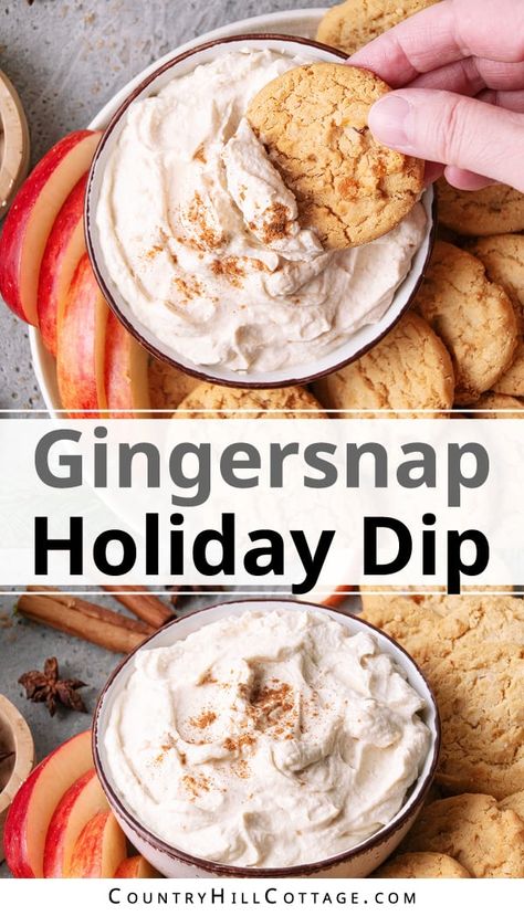 If you’re looking for a quick and easy treat for the holidays, this gingersnap dip recipe will be your new go-to! This subtly spiced, sweet dip is perfect for ginger cookies, apples, graham crackers, and so much more. It’s super creamy and will be ready in 10 minutes! It’s an excellent dip for dessert, snacking, and a holiday cookie platter because it’s sweet and satisfying. With its tangy sweetness and subtle warmth, it will become an instant Christmas favorite. | CountryHillCottage.com Gingersnap Recipe Desserts, Ginger Snaps Recipe Desserts, Dip For Ginger Snap Cookies, Recipes Using Ginger Snaps, Ginger Snap Dessert Recipes, Ginger Snap Dip, Dip For Teddy Grahams, Ginger Snap Desserts, Christmas Desert Dips