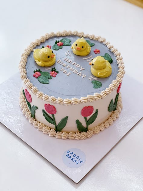 Three 3d frosting ducks in pond cake Duck Birthday Party Decorations, Cute Rectangle Cake Ideas, Pond Birthday Party, Duck Bento Cake, Cute Cake Designs Birthday, Cute Easy Cake Designs, Duck Pond Cake, Children’s Birthday Cake, Duck Cakes Birthday