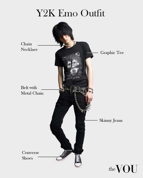 Emo Man Aesthetic, Alternative Outfit Ideas Men, My Chemical Romance Shirt Outfit, Emo Men Aesthetic, Black Metal Aesthetic Outfit, Emo Goth Outfits Men, Emo Fashion Male, Emo Rock Outfits, Rock Band Aesthetic Outfit