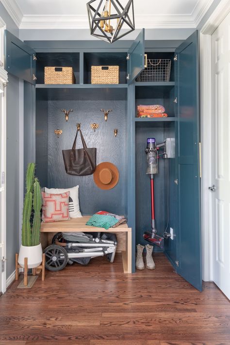 ROOSEVELT + MONROE MUDROOM REVEAL - Clark + Aldine Blue Mudroom Lockers, Blue Mudroom Cabinets, Mudroom Blue, Entryway Mudroom Ideas, Blue Mudroom, Mudroom Ideas Entryway, Built In Bench Seating, Stroller Storage, Laundry Room Colors