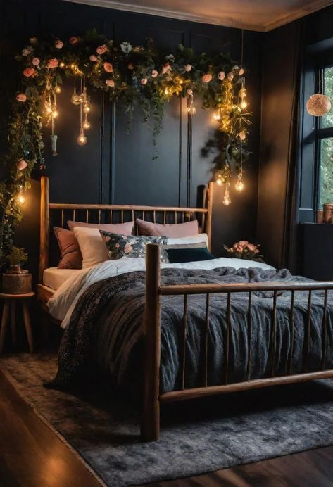 22 Enchanting Dark Feminine Bedroom Ideas to Inspire You 5 Small Romantic Bedroom Ideas, Moody Apartment Bedroom, Moody Aesthetic Home, Dark Feminine Decor, Moody Teen Bedroom, Dark Core Aesthetics, Dark Walls Bedroom, Moody Feminine Bedroom, Dark Romantic Bedroom Ideas