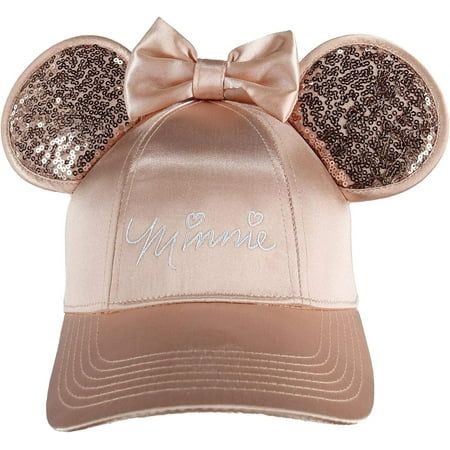 Disney Women's Minnie Mouse Baseball Cap with 3D Bling Ears by Jerry Leigh. This baseball cap is definitely one of a kind! It's sleek satin design and rose gold color gives this hat a chic feel and the sequins make this hat pop. There is an adjustable closure to provide you with the perfect fit and an interior sweatband for comfort. The cute Minnie embroidery with hearts gives this hat the ultimate feminine feel. This hat makes a great gift! Walmart marketplace seller Belt Outlet specializes in sale-priced Baseball Caps and clothing accessories for men, women and children. We carry quality belts, wallets, headwear, cold weather accessories including Baseball & Cadet Hats for Women. Size: One Size.  Color: Pink.  Gender: female.  Age Group: adult. Satin Design, Mickey Mouse Hat, Pink Baseball Cap, Cadet Hat, Disney Hats, Ear Cap, Gold Hats, Minnie Mouse Pink, Minnie Mouse Ears