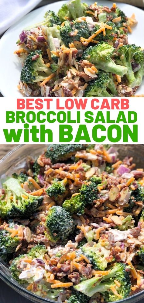 Keto broccoli salad that is loaded with bacon, cheese, and a creamy dressing. This is an easy low carb salad recipe that can be served as a side or main dish. Broccoli Bacon Salad Recipe, Broccoli Bacon Salad, Low Carb Broccoli Salad, Keto Broccoli Salad, Broccoli Salad With Bacon, Salad Recipes Low Carb, Broccoli Cauliflower Salad, Keto Broccoli, Broccoli Salad Bacon