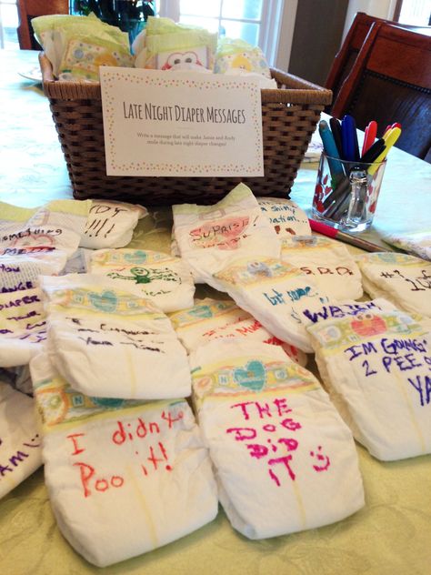 Avoid the dreaded baby shower games everyone hates. Here's an idea: Set up a station for guests to write late-night diaper messages. Fun, optional party activity that anyone can participate in. Sprinkle Shower, Twins Baby Shower, Rainbow Baby Shower, Shower Bebe, Baby Shower Planning, Baby Shower Fun, Baby Shower Gender Reveal, Boy Shower, Baby Games