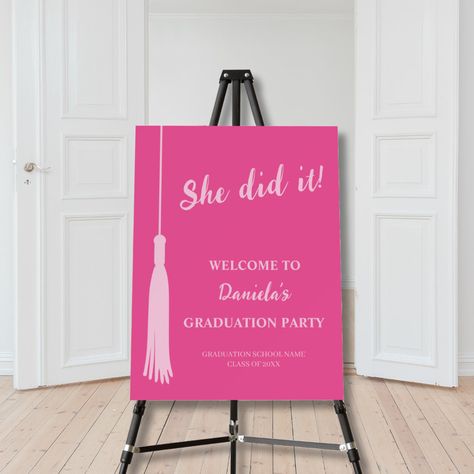 This Graduation Welcome Sign boasts a "She Did It!" making it the perfect way to commemorate hard work and dedication. Introducing our Graduation Party Collection for the Class of 2024. Elevate your celebration with our trendy hot pink and blush pink designs, exuding contemporary elegance. Features a minimalist symbolic tassel motif, representing the journey of achievement.  From sleek invitations that set the tone to striking banners that adorn your venue, every detail reflects modern sophistic Graduation Photobooth Decoration Ideas, Hot Pink Graduation Party Decorations, Elle Woods Graduation Party, Pink Bow Graduation Party, Pink Graduation Decorations, College Graduation Party Ideas For Women, A&m Graduation Party, Grad Party Inspo 2024, Sign Board Design Ideas