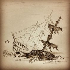 Sunken Ship Drawing, Shipwreck Tattoo, Sunken Ship Tattoo, Pirate Ship Drawing, Ship Sketch, Underwater Drawing, Pirate Ship Tattoo, Boat Tattoo, Sunken Ship